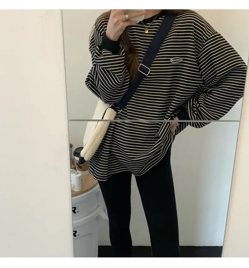 Women Striped Long Sleeve Sweater T-Shirt Autumn Winter Loose Fit — feature 30