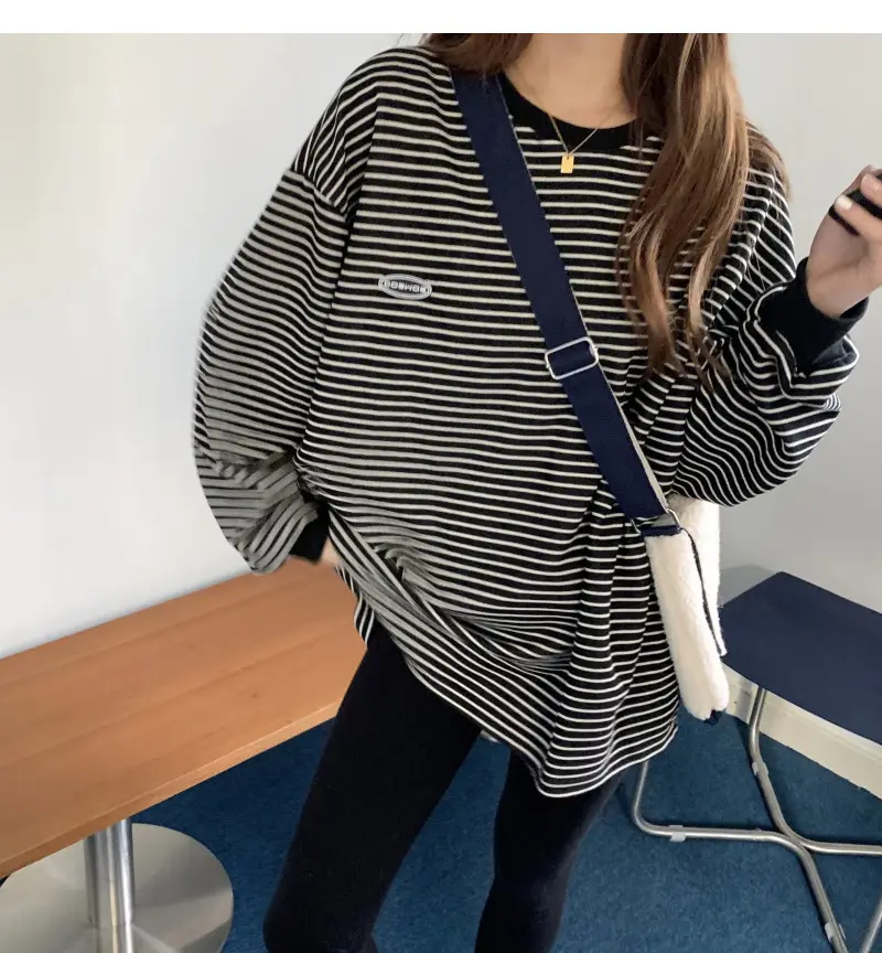 Women Striped Long Sleeve Sweater T-Shirt Autumn Winter Loose Fit — feature 34