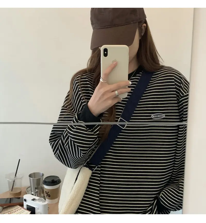 Women Striped Long Sleeve Sweater T-Shirt Autumn Winter Loose Fit — feature 37