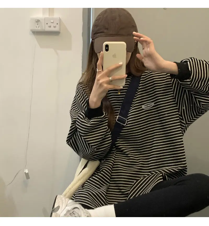 Women Striped Long Sleeve Sweater T-Shirt Autumn Winter Loose Fit — feature 38