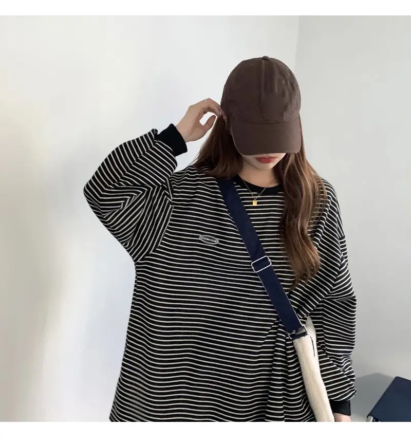 Women Striped Long Sleeve Sweater T-Shirt Autumn Winter Loose Fit — feature 39