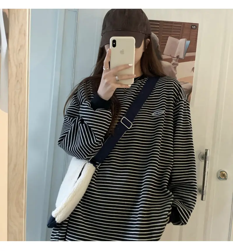 Women Striped Long Sleeve Sweater T-Shirt Autumn Winter Loose Fit — feature 40