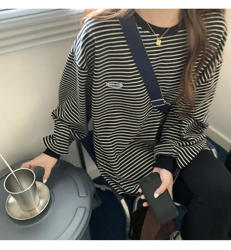 Women Striped Long Sleeve Sweater T-Shirt Autumn Winter Loose Fit — feature 42