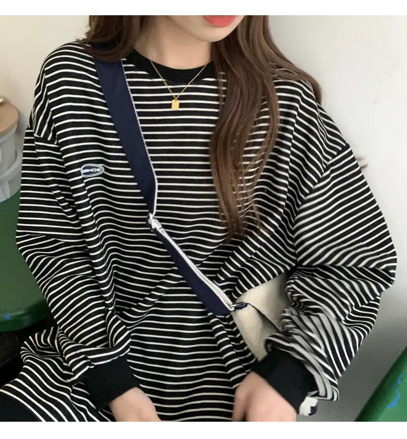 Women Striped Long Sleeve Sweater T-Shirt Autumn Winter Loose Fit — feature 44
