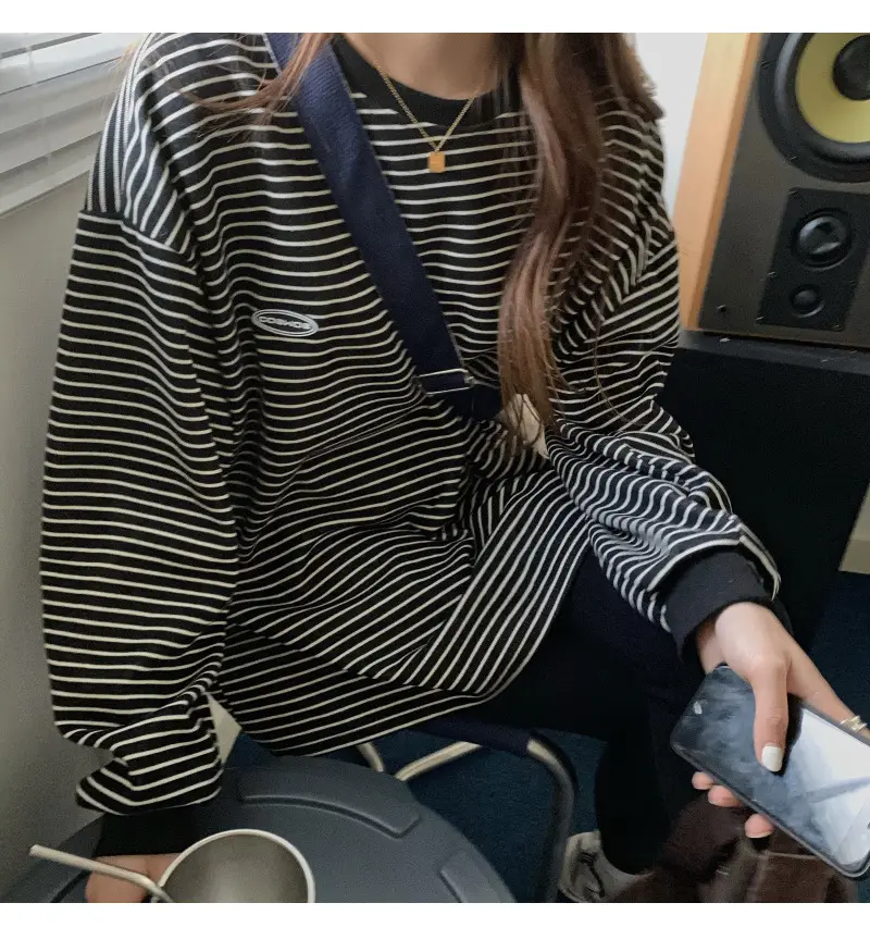 Women Striped Long Sleeve Sweater T-Shirt Autumn Winter Loose Fit — feature 45