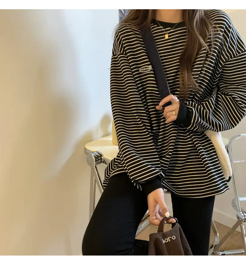 Women Striped Long Sleeve Sweater T-Shirt Autumn Winter Loose Fit — feature 46