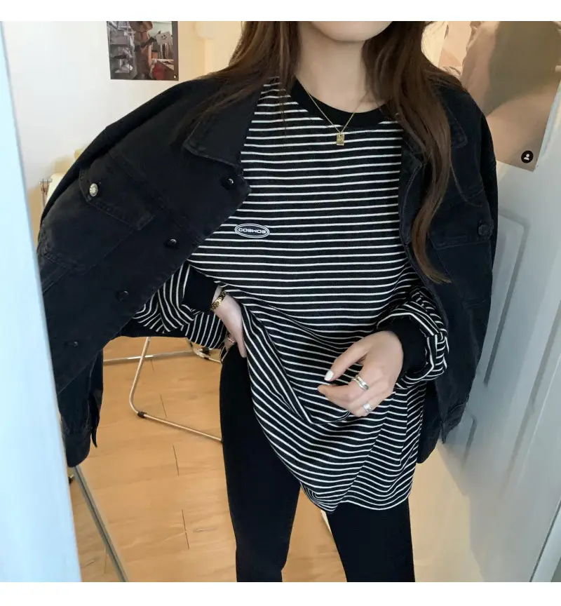 Women Striped Long Sleeve Sweater T-Shirt Autumn Winter Loose Fit — feature 47