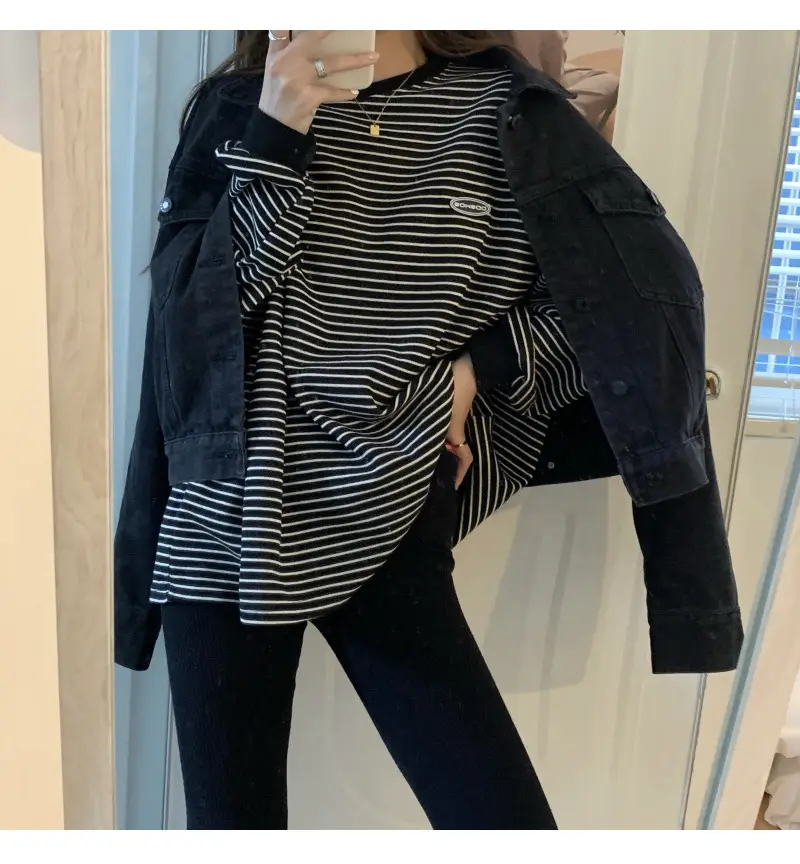 Women Striped Long Sleeve Sweater T-Shirt Autumn Winter Loose Fit — feature 49