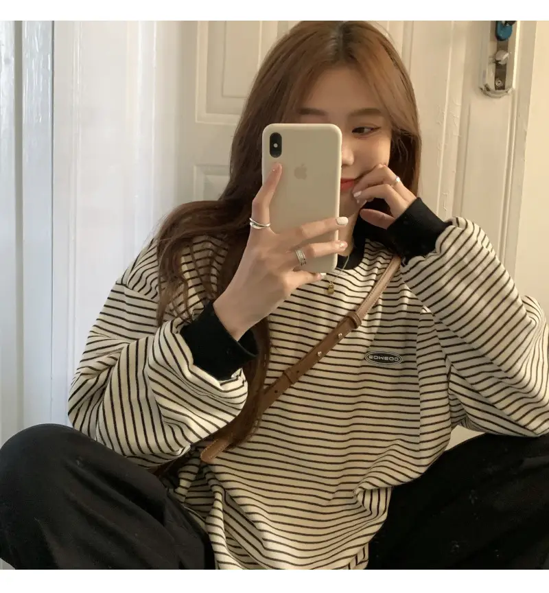 Women Striped Long Sleeve Sweater T-Shirt Autumn Winter Loose Fit — feature 5