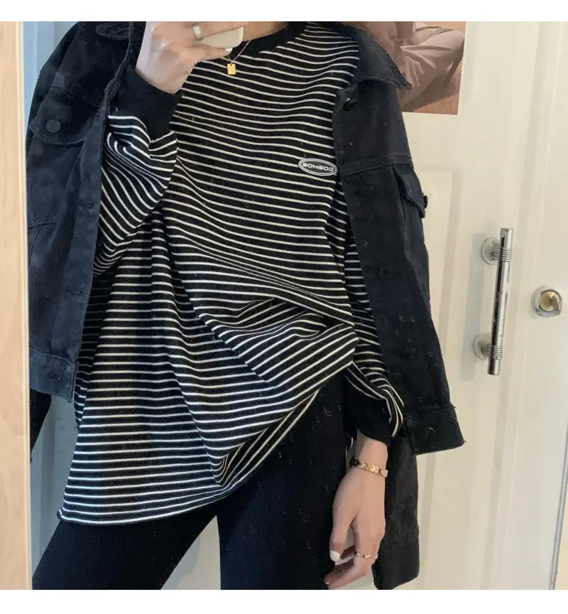 Women Striped Long Sleeve Sweater T-Shirt Autumn Winter Loose Fit — feature 50
