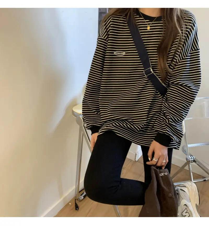 Women Striped Long Sleeve Sweater T-Shirt Autumn Winter Loose Fit — feature 51