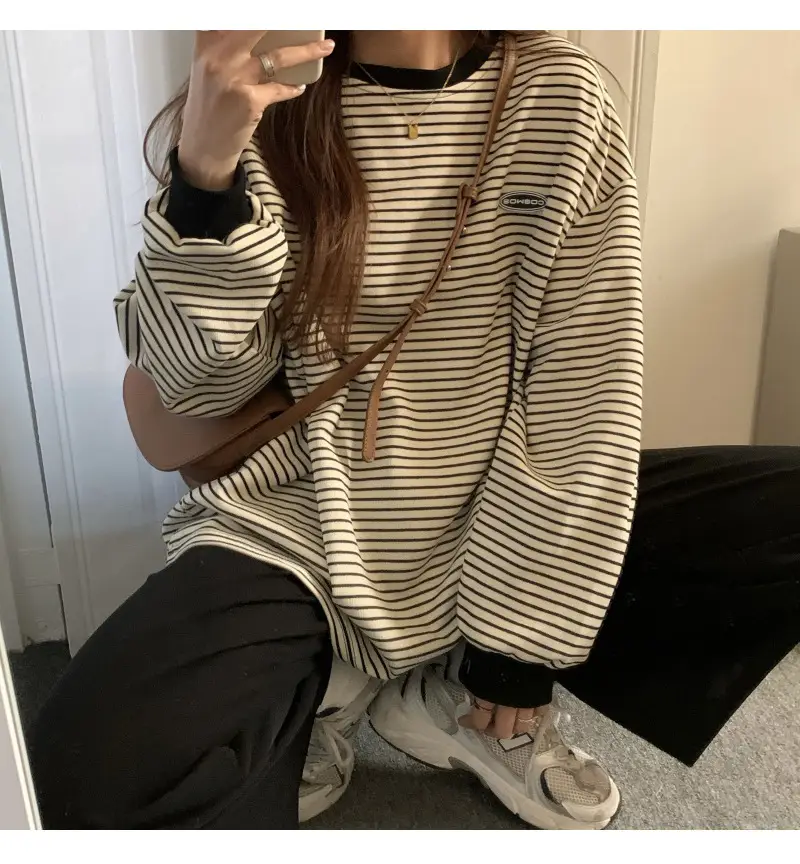 Women Striped Long Sleeve Sweater T-Shirt Autumn Winter Loose Fit — feature 7