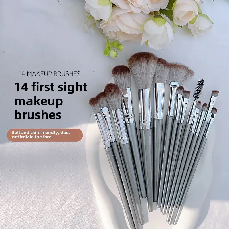 14-Brush Makeup Set Soft Silver Brushes for Foundation & Eye Shadow - Image 4