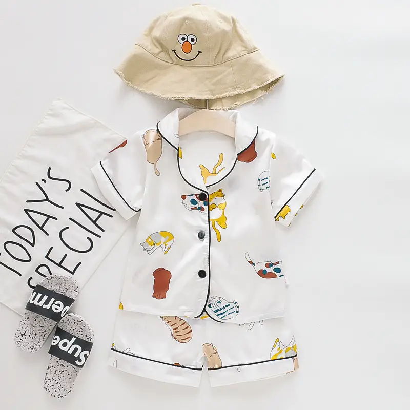White Cartoon Print Kids Pajama Set with Hat - Image 10