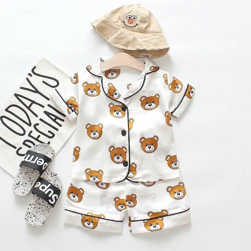 White Cartoon Print Kids Pajama Set with Hat - Image 18