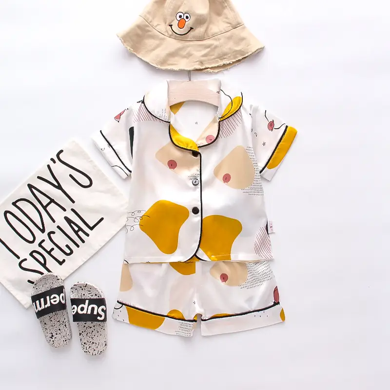 White Cartoon Print Kids Pajama Set with Hat - Image 28
