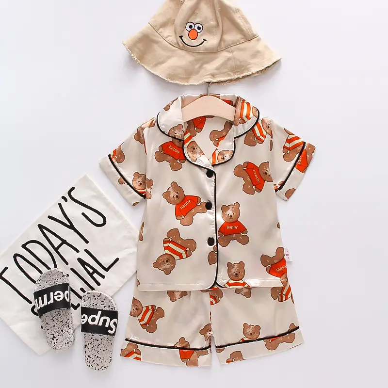White Cartoon Print Kids Pajama Set with Hat - Image 3
