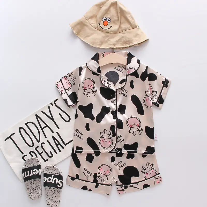 White Cartoon Print Kids Pajama Set with Hat - Image 5