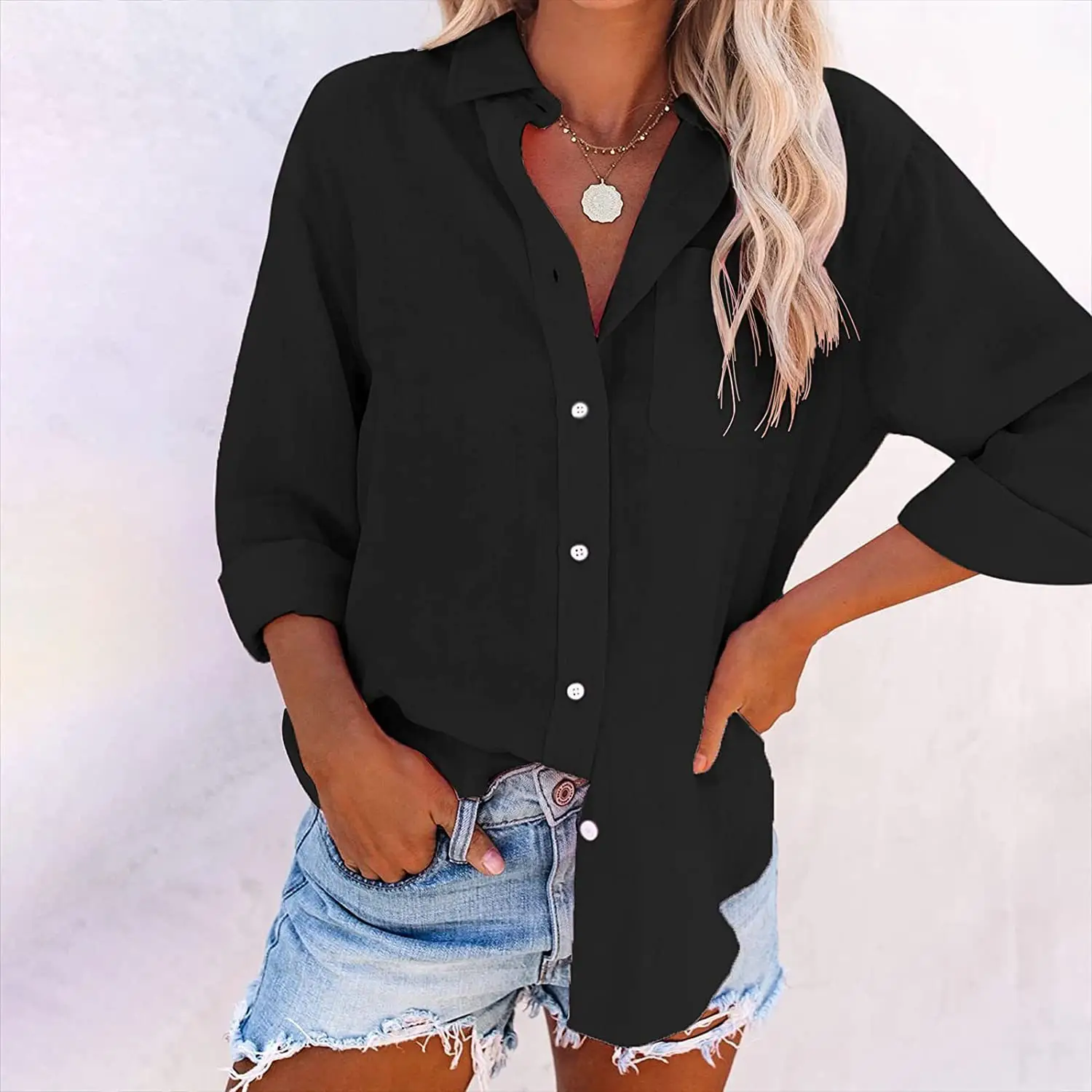 Large Button Flap Pocket Shirt for Women Black - Image 2