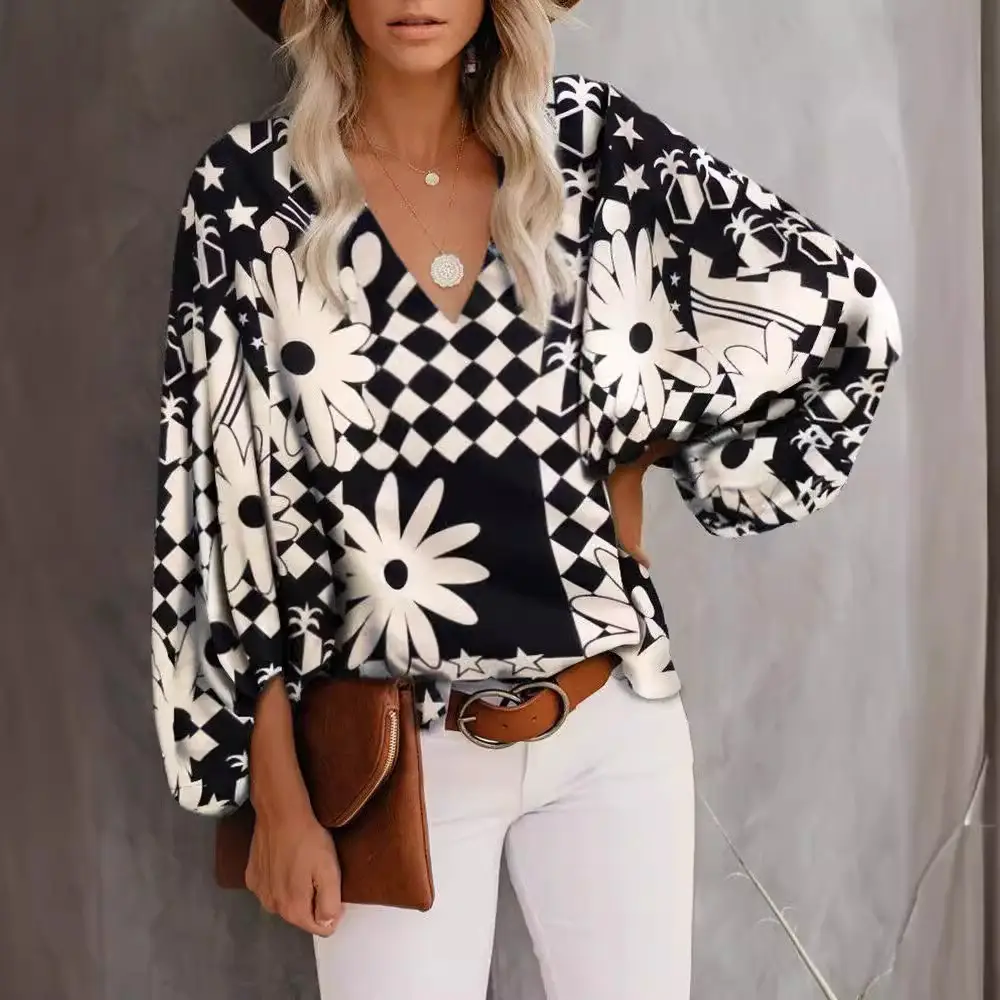 Women V-Neck Printed Lantern Sleeve Top White Blue - Image 19