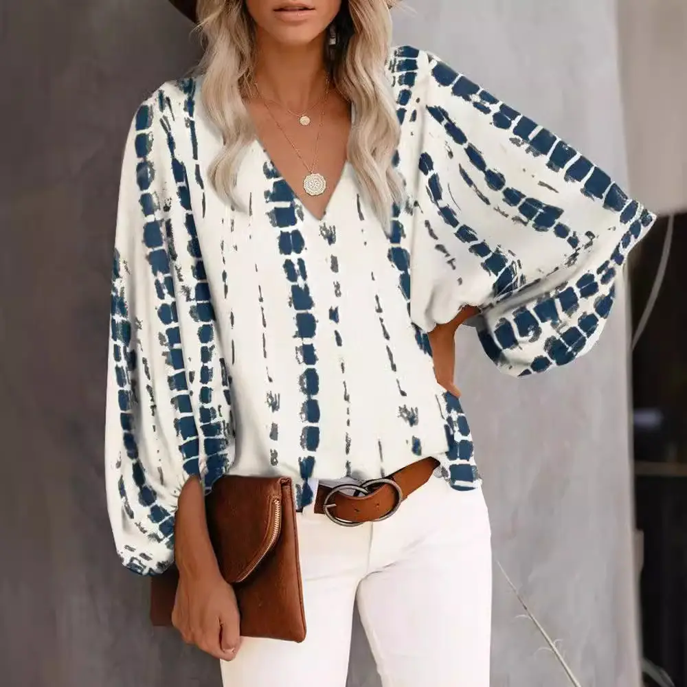 Women V-Neck Printed Lantern Sleeve Top White Blue - Image 20