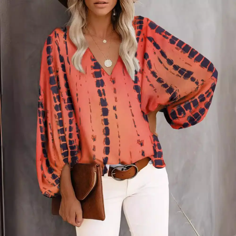 Women V-Neck Printed Lantern Sleeve Top White Blue - Image 21