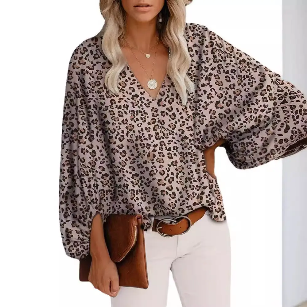 Women V-Neck Printed Lantern Sleeve Top White Blue - Image 22