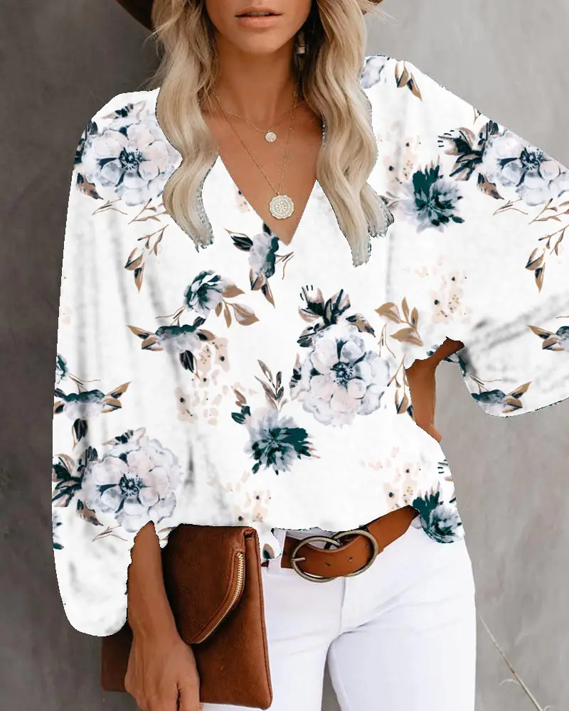 Women V-Neck Printed Lantern Sleeve Top White Blue - Image 10
