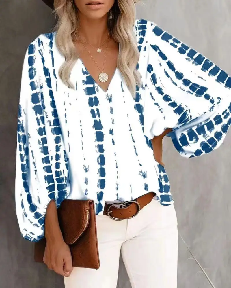 Women V-Neck Printed Lantern Sleeve Top White Blue - Image 11