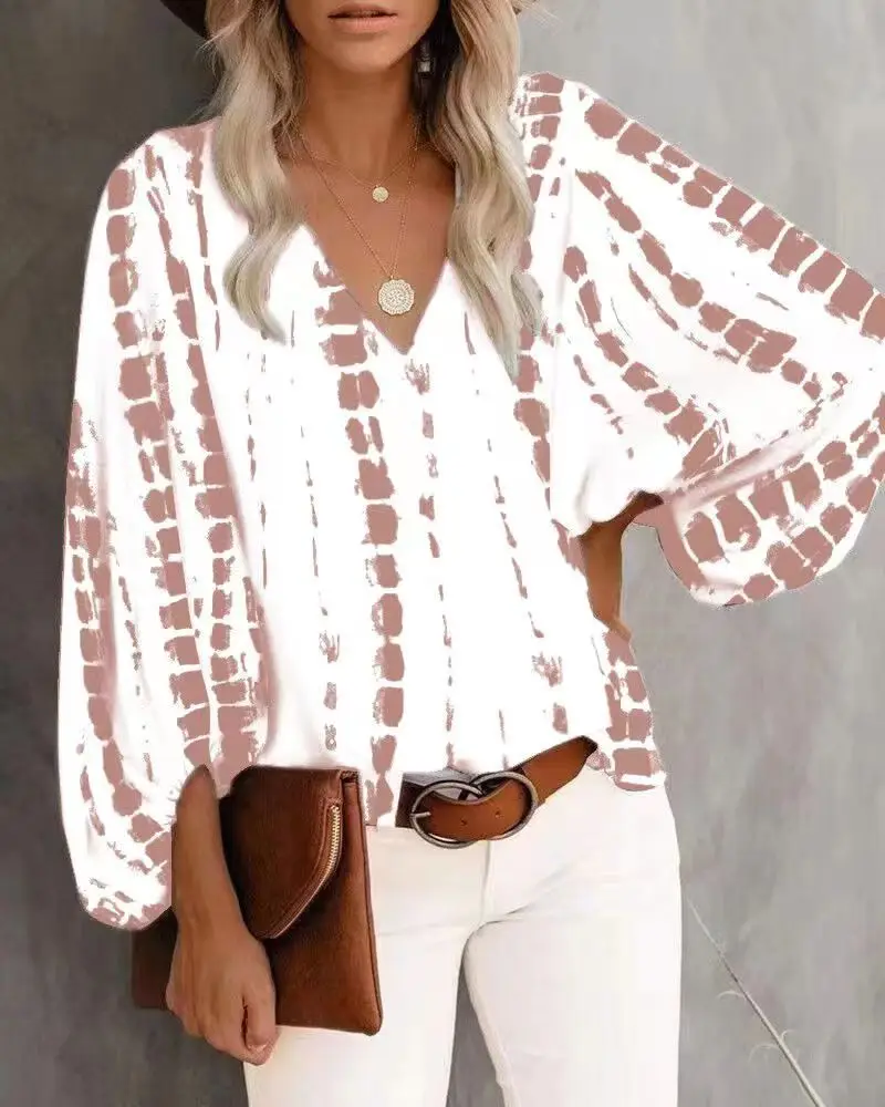 Women V-Neck Printed Lantern Sleeve Top White Blue - Image 12
