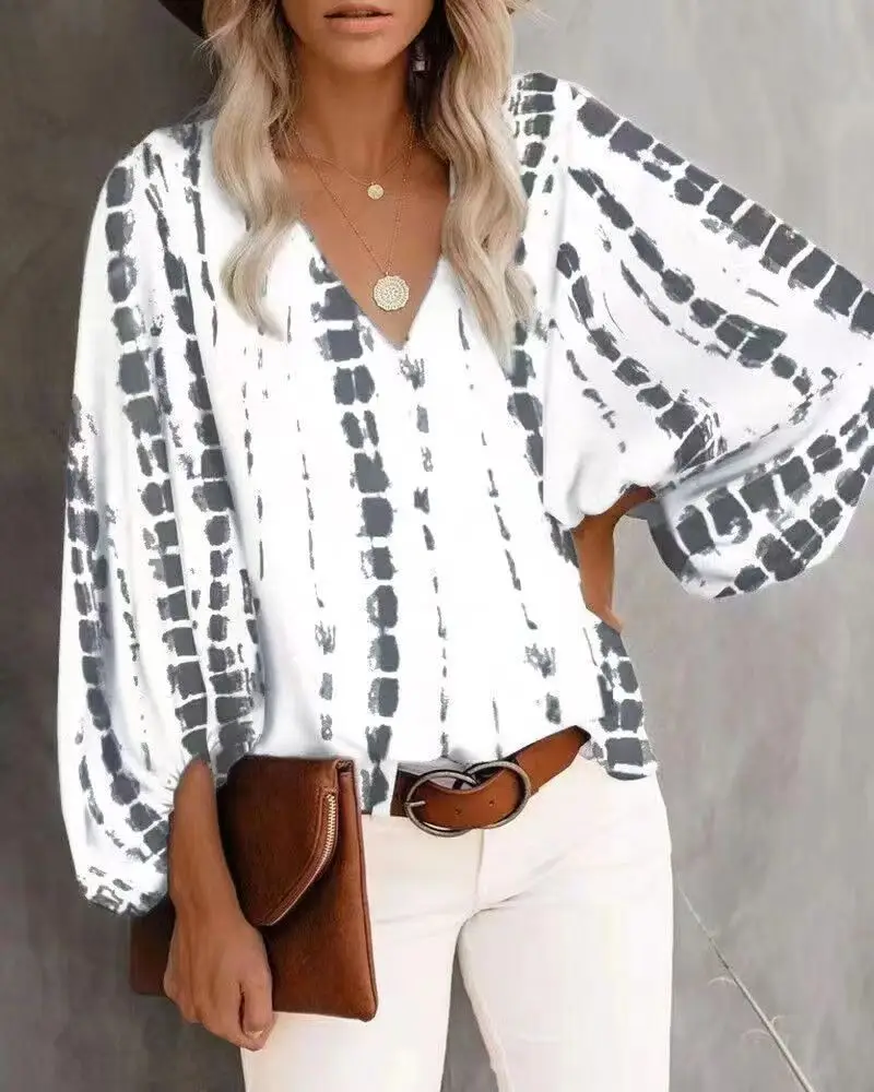 Women V-Neck Printed Lantern Sleeve Top White Blue - Image 13