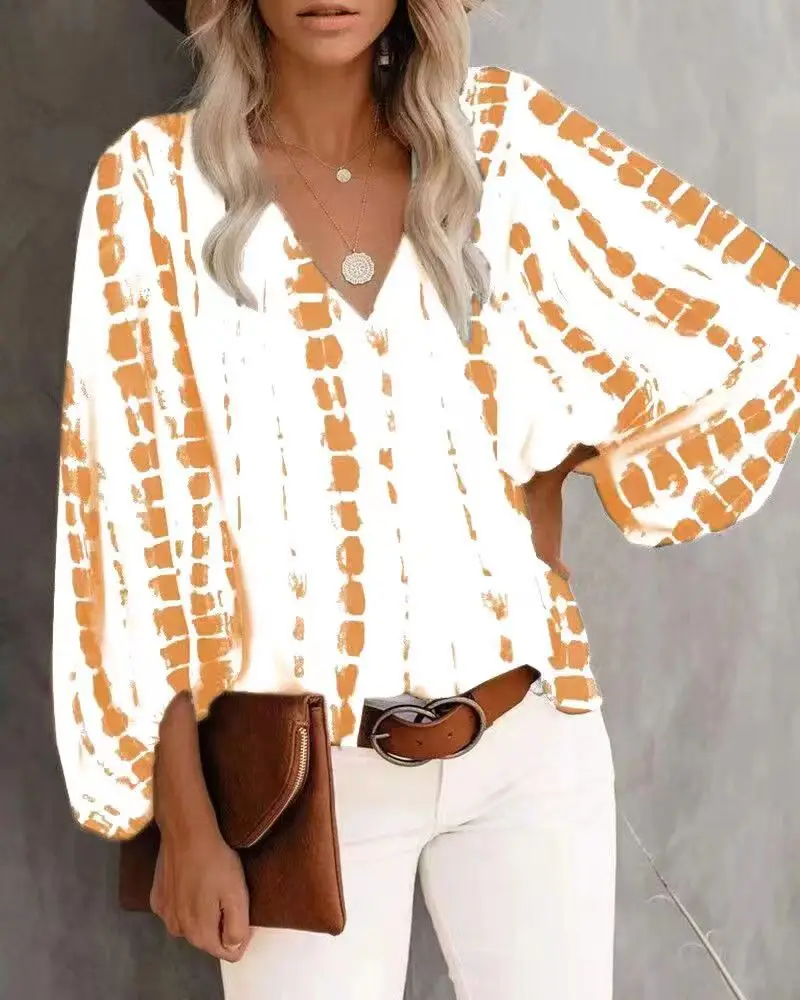Women V-Neck Printed Lantern Sleeve Top White Blue - Image 14