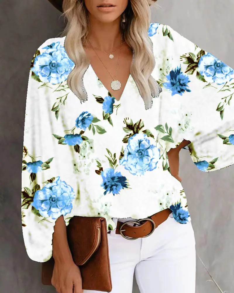 Women V-Neck Printed Lantern Sleeve Top White Blue - Image 15