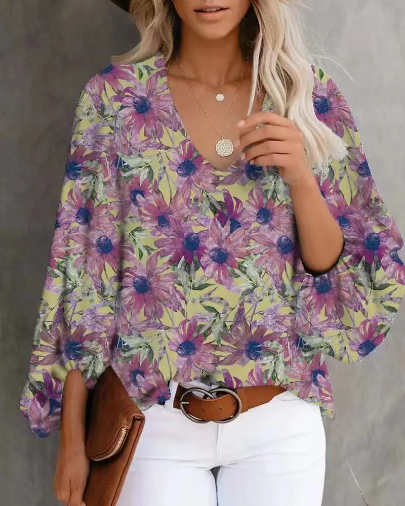 Women V-Neck Printed Lantern Sleeve Top White Blue - Image 16
