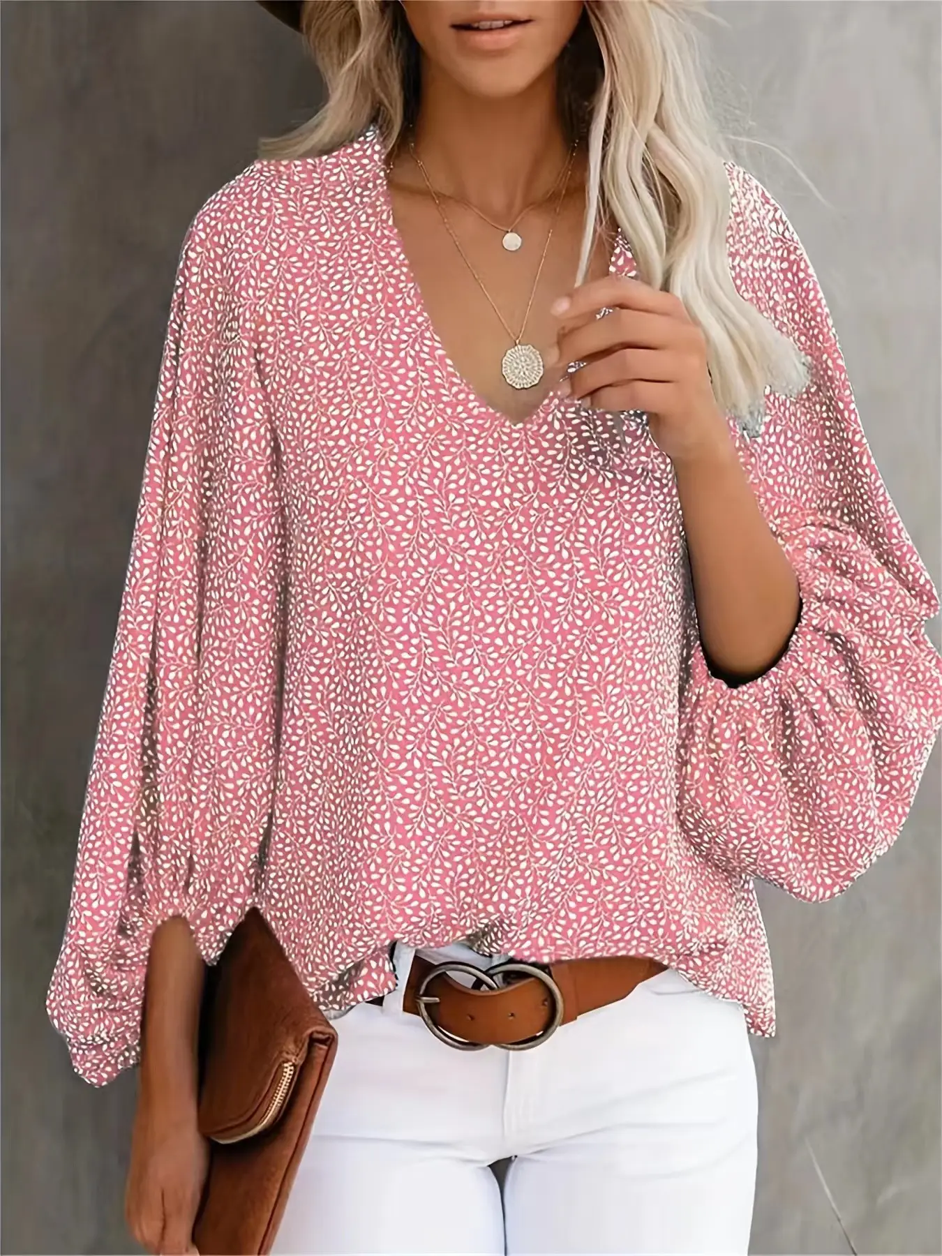 Women V-Neck Printed Lantern Sleeve Top White Blue - Image 17