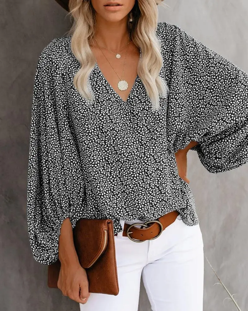 Women V-Neck Printed Lantern Sleeve Top White Blue - Image 2
