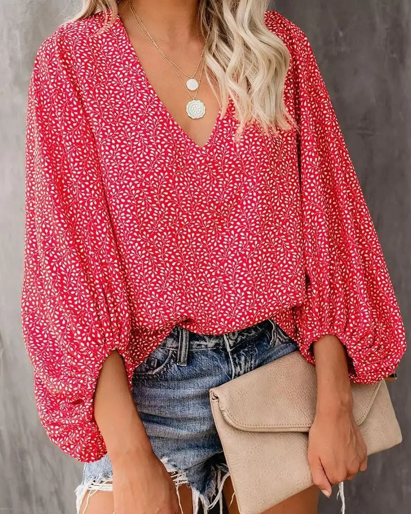 Women V-Neck Printed Lantern Sleeve Top White Blue - Image 3