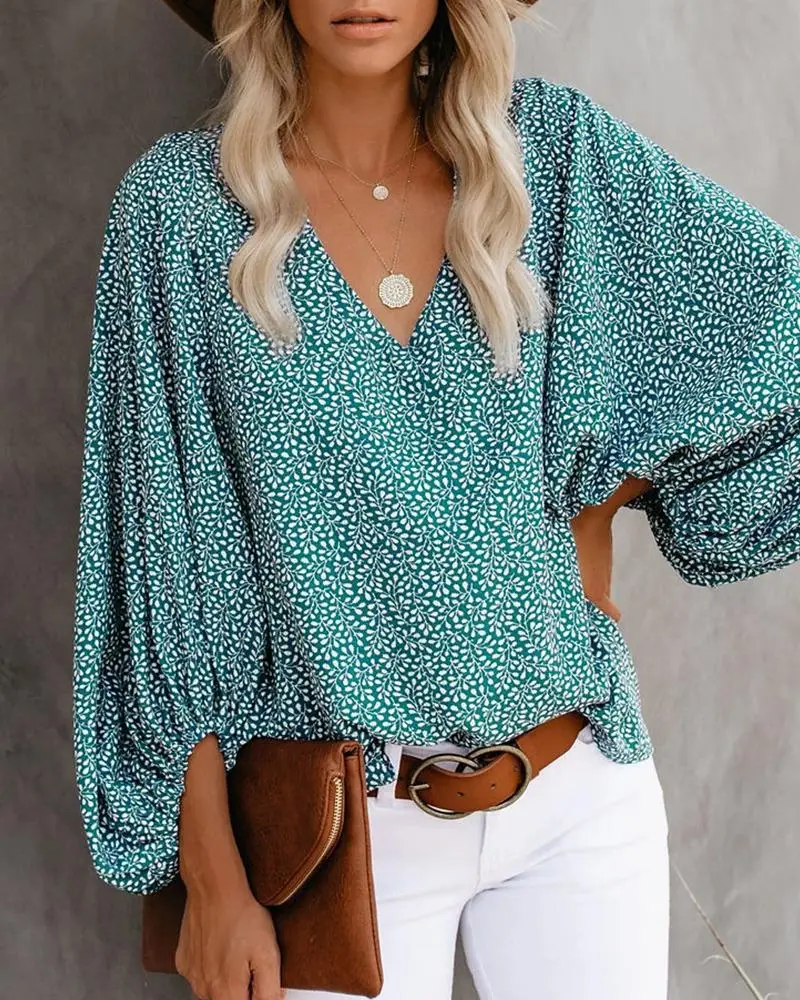 Women V-Neck Printed Lantern Sleeve Top White Blue - Image 5