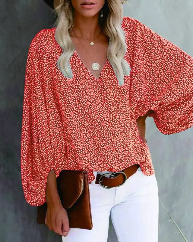 Women V-Neck Printed Lantern Sleeve Top White Blue - Image 6