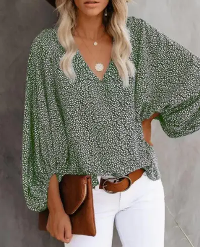 Women V-Neck Printed Lantern Sleeve Top White Blue - Image 7