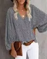 Women V-Neck Printed Lantern Sleeve Top White Blue - Image 8