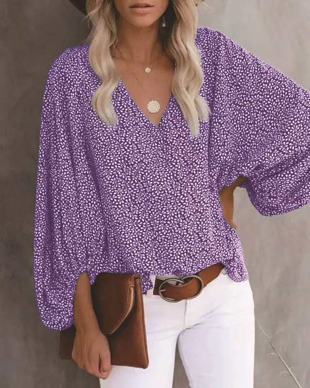 Women V-Neck Printed Lantern Sleeve Top White Blue - Image 9