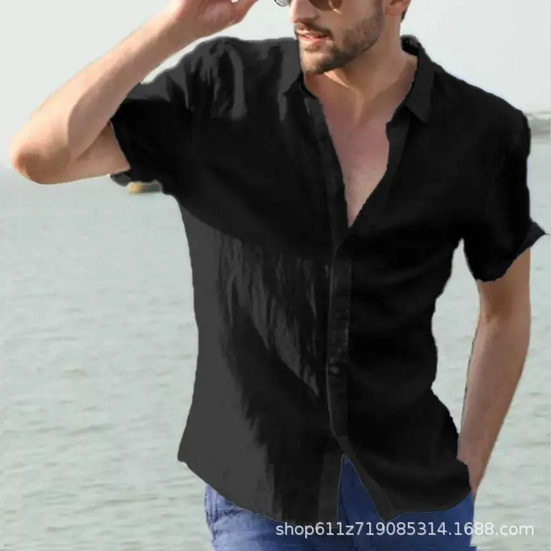 Men's Light Blue Short Sleeve Lapel Shirt Summer Wear - Image 2