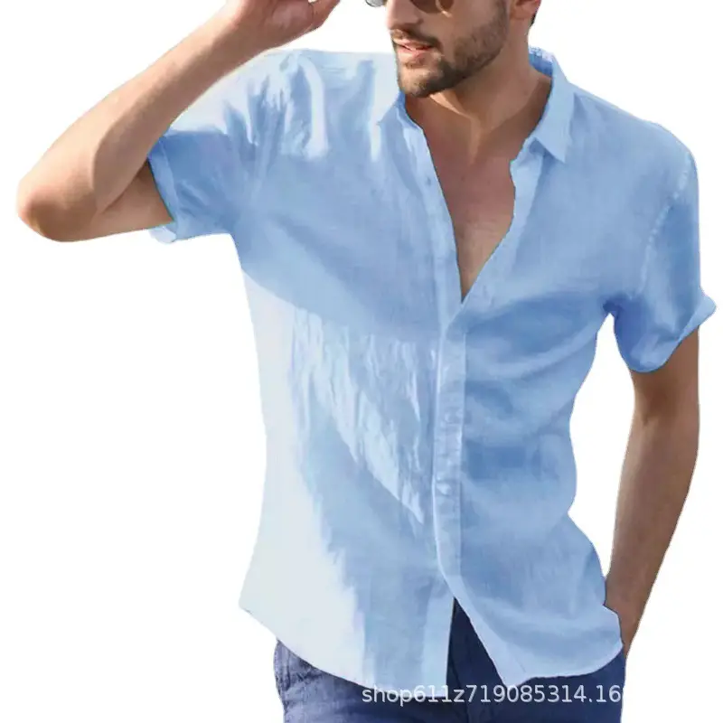 Men's Light Blue Short Sleeve Lapel Shirt Summer Wear - Image 7