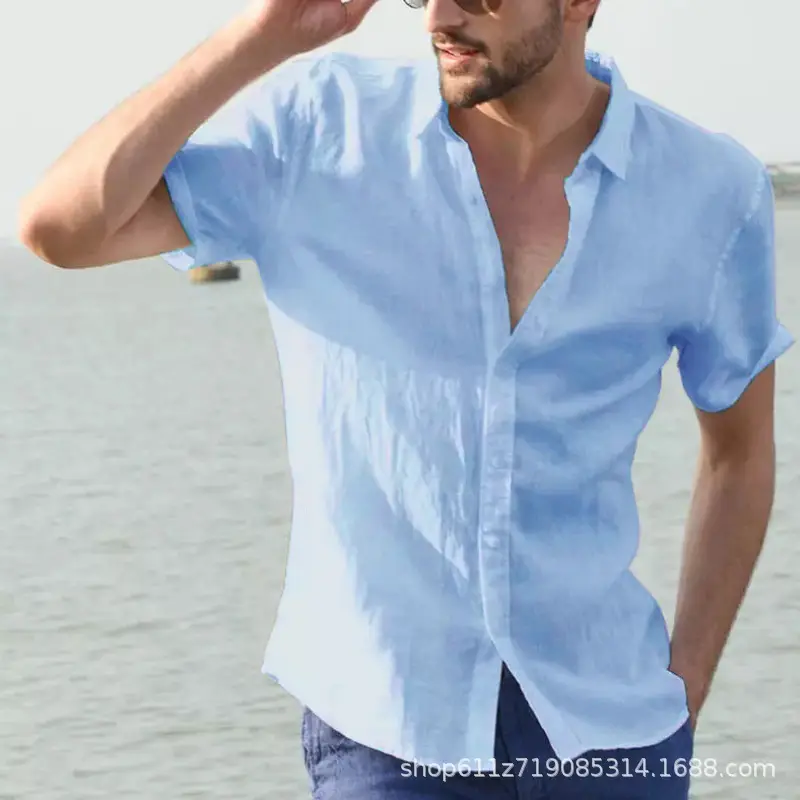 Men's Light Blue Short Sleeve Lapel Shirt Summer Wear - Image 3