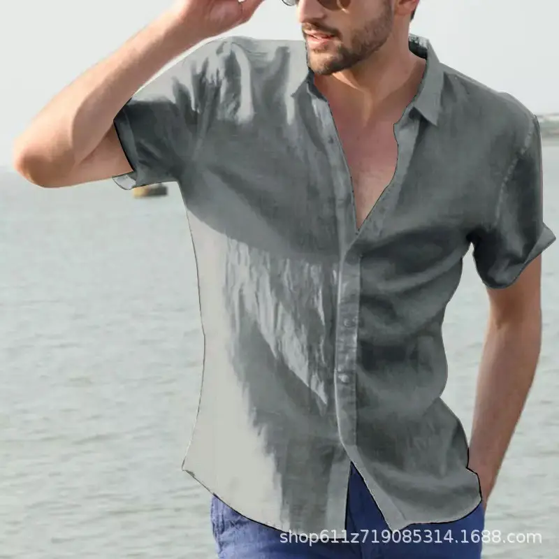 Men's Light Blue Short Sleeve Lapel Shirt Summer Wear - Image 4