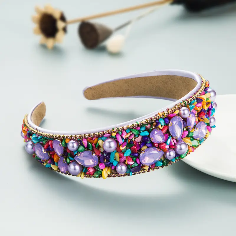 Crystal Wide Brim Headband with Broken Turquoise & Pearls - Image 5