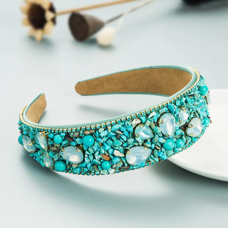 Crystal Wide Brim Headband with Broken Turquoise & Pearls - Image 2
