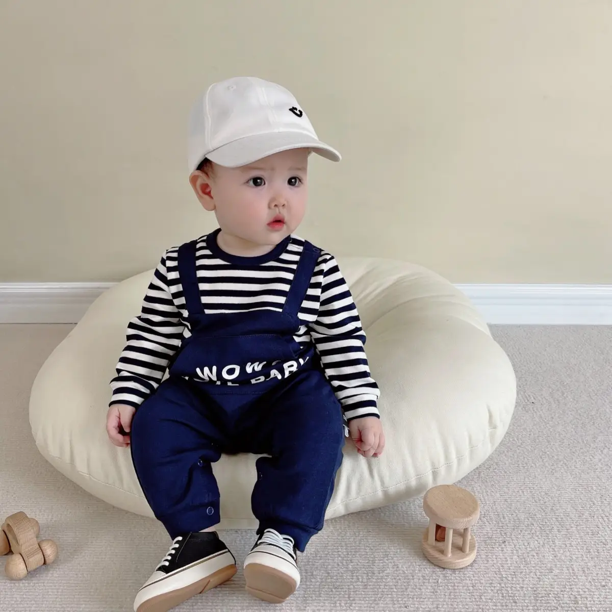 Trendy Striped Baby Crawling Suit Unisex Faux Suspender - Image 2