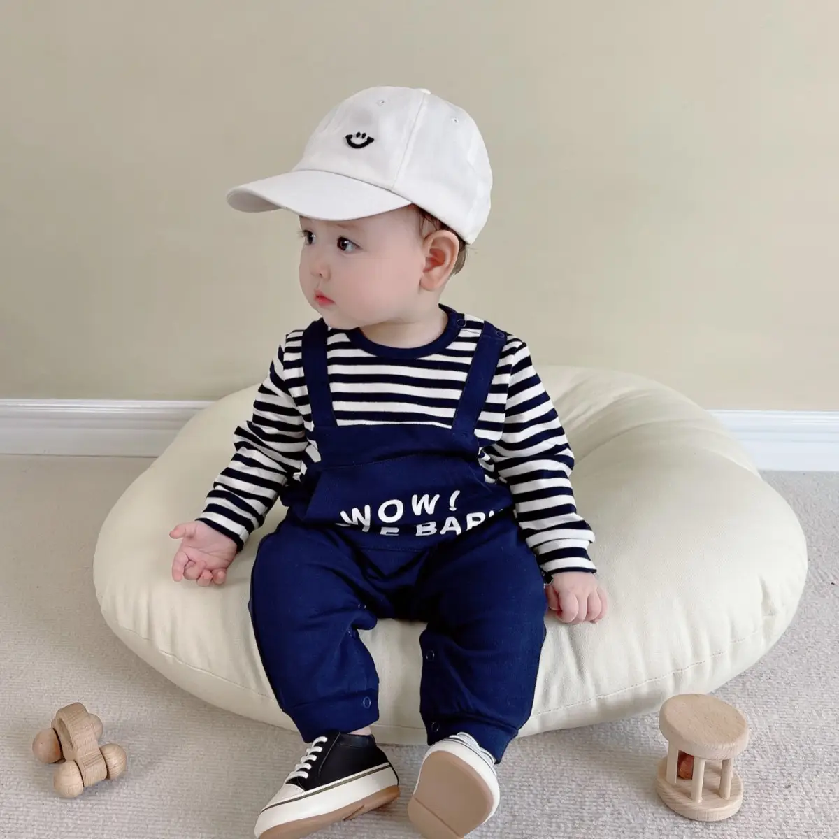 Trendy Striped Baby Crawling Suit Unisex Faux Suspender - Image 3